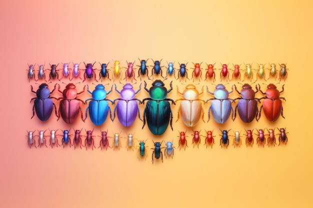 Photo diverse beetles arranged in a color gradient created with generative ai