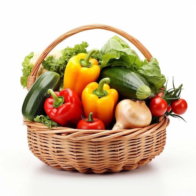 Diverse biologische groenten en fruit in rieten mand geïsoleerd op een witte achtergrond