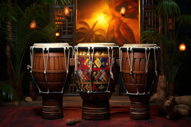 Photo diverse bongo drums equipment background african instrument generate ai