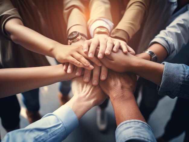 Foto diversi gruppi di uomini d'affari hanno messo le mani insieme in una pila di pile nella formazione come concetto di team di vendita