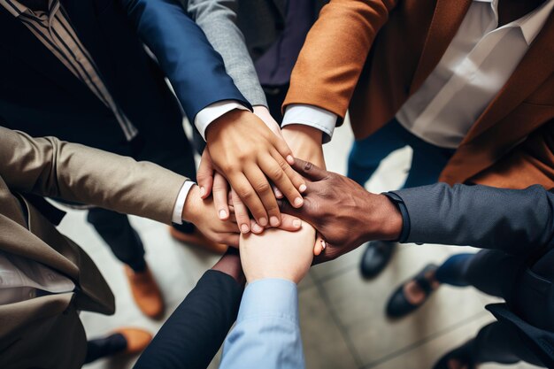 Photo diverse business people group put hands together in stack pile at training as concept top view