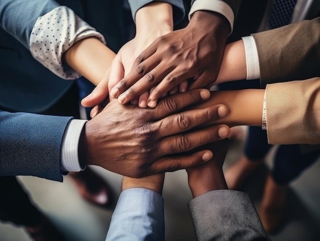 Diverse business people group put hands together in stack pile at training as concept