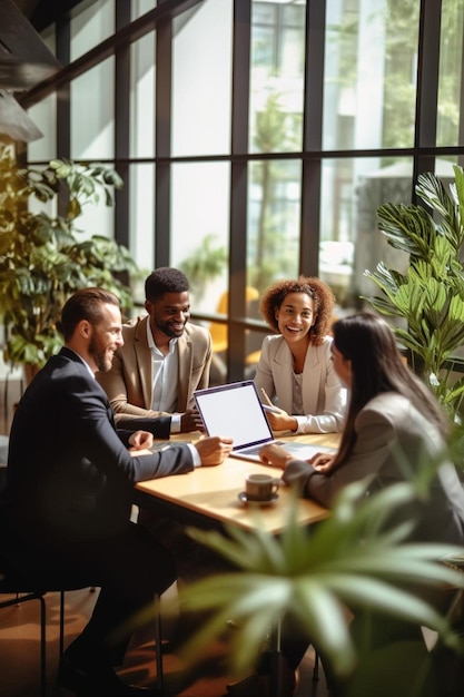 Photo diverse business people having meeting brainstorming and using laptop at office