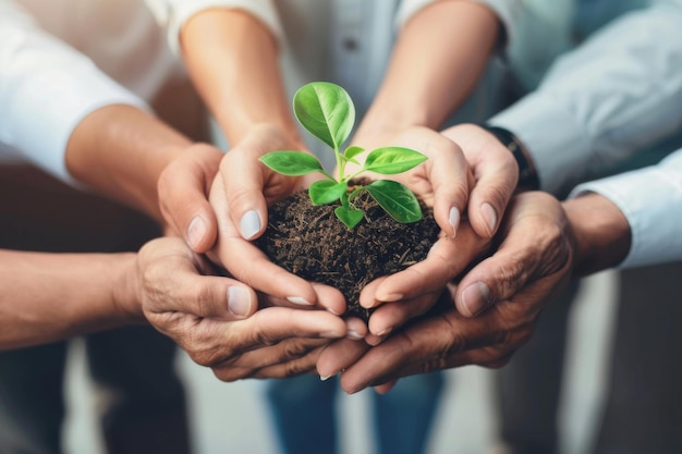 チームワーク と 成長 を 象徴 する 小さな 植物 を 一緒 に 持つ こと で,多様 な ビジネス 人 が 団結 を 示し て い ます