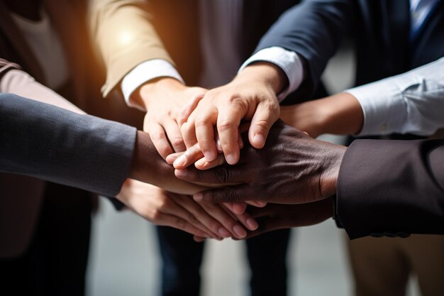 Diverse business team putting their hands together in a huddle of support and motivation