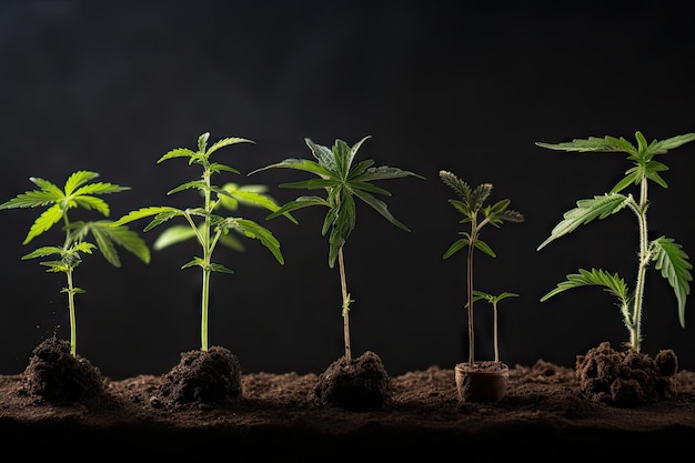 Foto diverse varietà di cannabis in diversi stadi di crescita