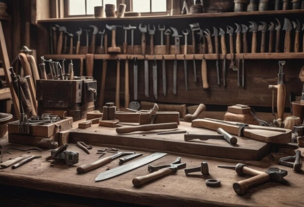 Diverse carpenter tools hanged on wooden wall