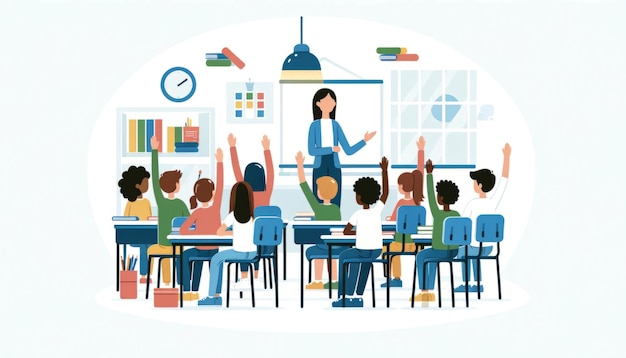 Diverse Classroom with Eager Students and Teacher in Flat Vector