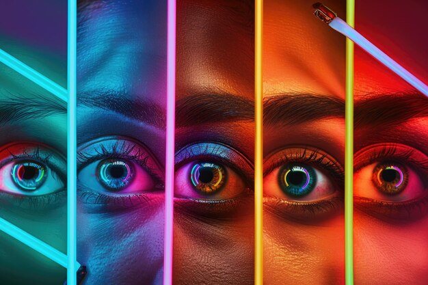 Photo diverse close up eyes on neon background symbolize equality and unity