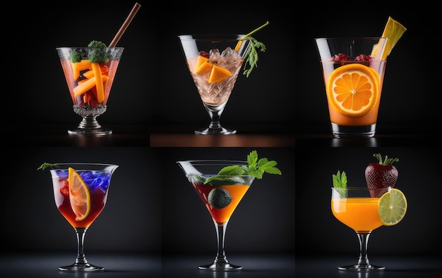 Diverse cocktails op een zwarte achtergrond op een houten tafel