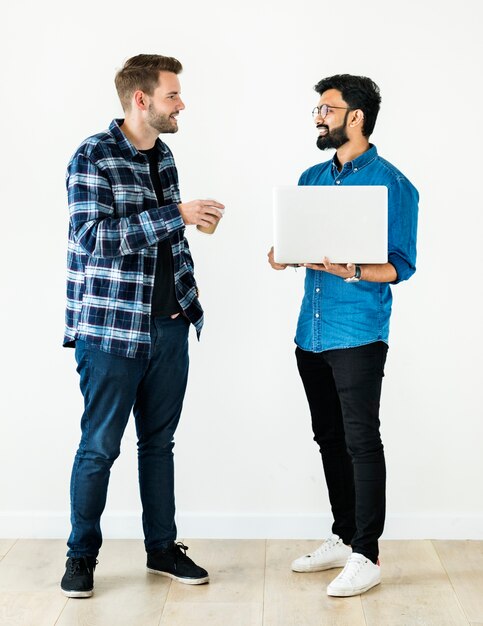 Diverse colleague men talking together