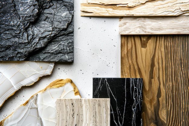 Foto una raccolta diversificata di tessuti in legno e marmo ideale per progetti di interior design