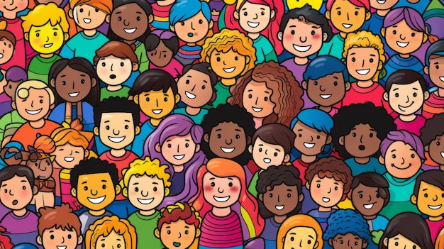 Diverse colorful people crowd seamless illustration cartoon characters friendly community