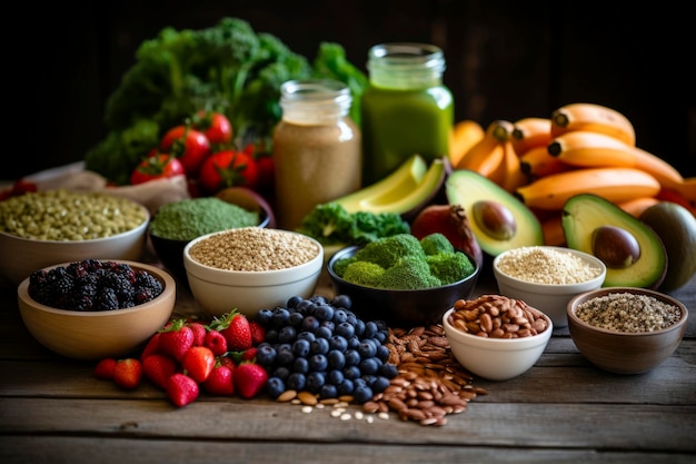 A diverse composition of nutritious food items elegantly presented in a balanced arrangement