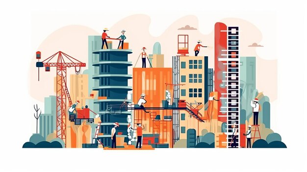 Diverse construction workers with helmets flat vector illustration