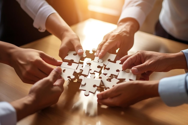 Diverse Corporate Office Workers Collaborating Hands Connecting Puzzle Pieces Symbolizing Partnership and Teamwork AI