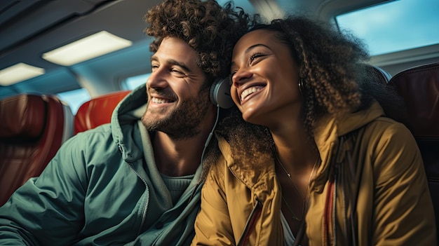 Diverse couplesitting in a carwearing smiles of contentment as they enjoy a happy moment together