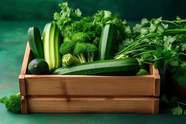 Diverse courgette en andere groenten in een houten kist AI gegenereerd