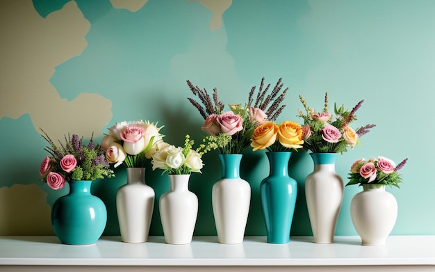 Diverse decoratieve vazen die interieurdetails op een kleurrijke achtergrond verhogen