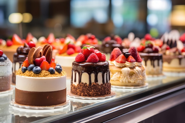 Diverse desserts tentoongesteld in een banketbakkerij