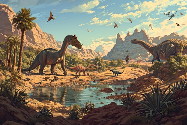 Photo diverse dinosaurs around waterhole in a desertlike jurassic setting dramatic cliffs