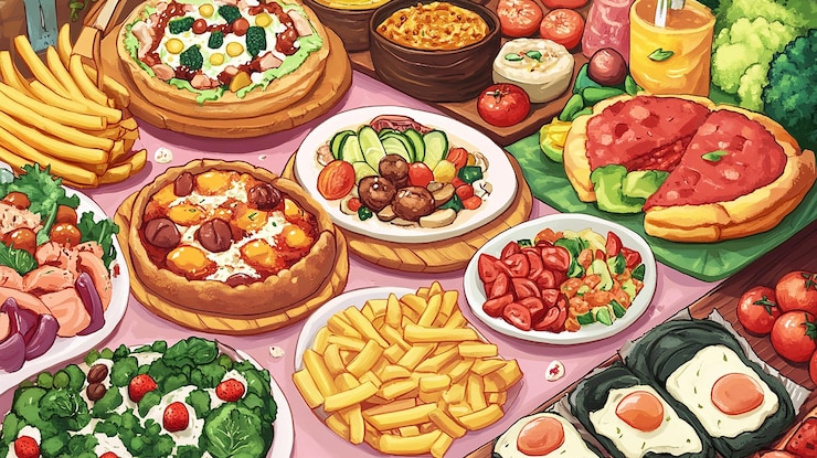 Photo バランスのとれた食事のための多様な料理 冒険的な食べ物を紹介する