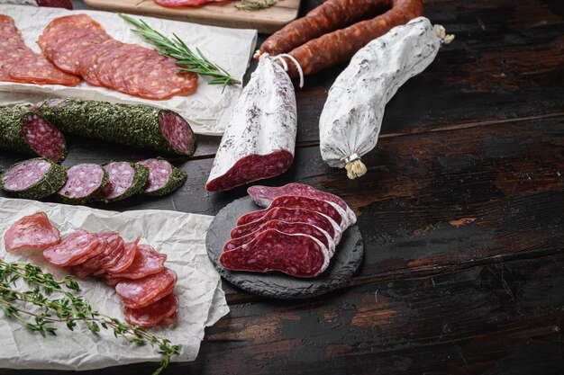 Diverse droge cured chorizo, fuet en andere worstjes in plakjes gesneden met kruiden op oude houten tafel.