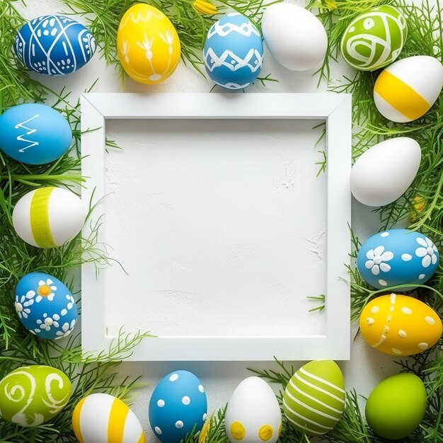 Diverse Easter Eggs Nestled in Grass Around a White Picture Frame