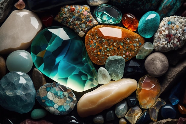 Diverse edelstenen mineralen en stenen een achtergrond van de natuur