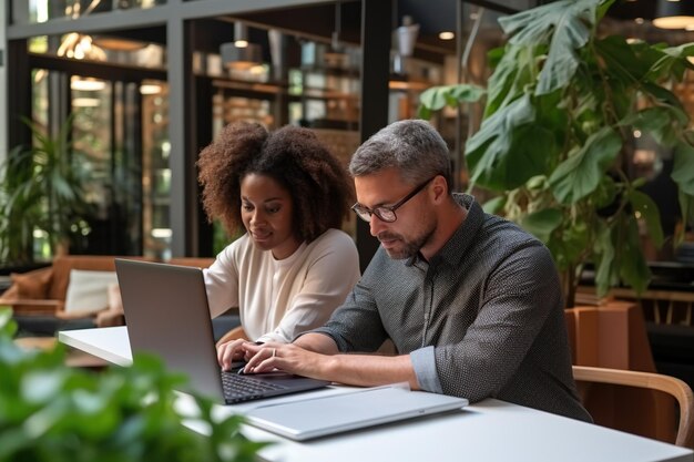 Photo diverse employees using laptop looking at business documents working in office