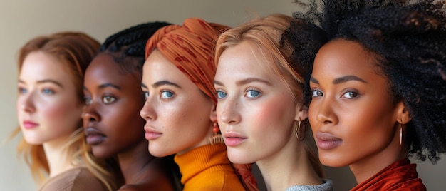 Foto diverse etnische vrouwen, blanke, afrikaanse en aziatische vrouwen staan samen tegen een beige achtergrond.