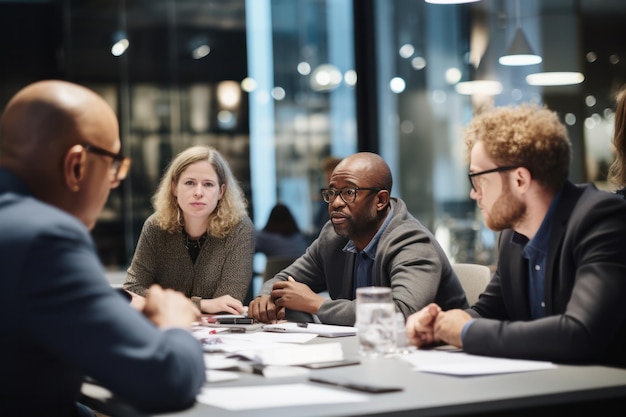 Photo diverse experts debate ai ethics passionately at a roundtable delving deep into societal impacts