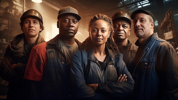 Foto diverse fabrieksarbeiders een multicultureel team dat de productiviteit in de fabriek stimuleert