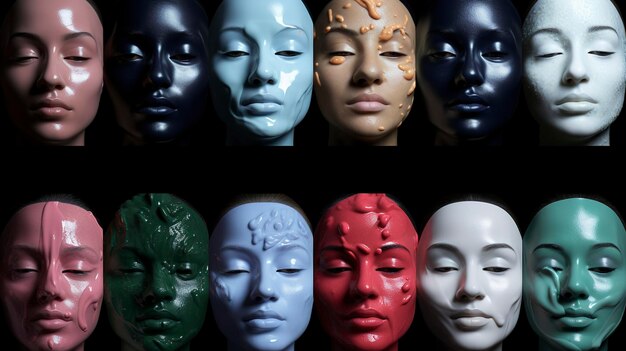 Различные маски для лица, представляющие мультикультурную красоту на темном фоне