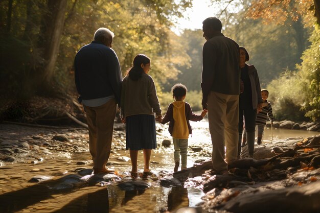 Photo diverse familiy in summer forest parkland at day light neural network generated in may 2023 not based on any actual person scene or pattern