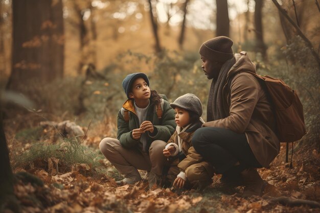 Diverse familiy in summer forest parkland at day light neural network generated picture