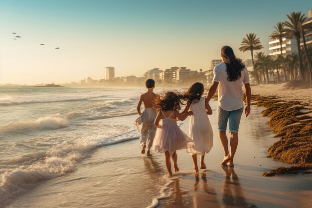 A diverse family exploring both the serene beach and bustling city