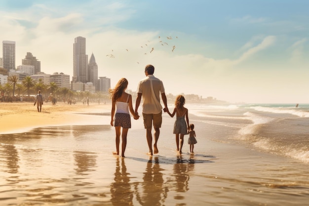Разнообразная семья исследует как спокойный пляж, так и оживленный город.