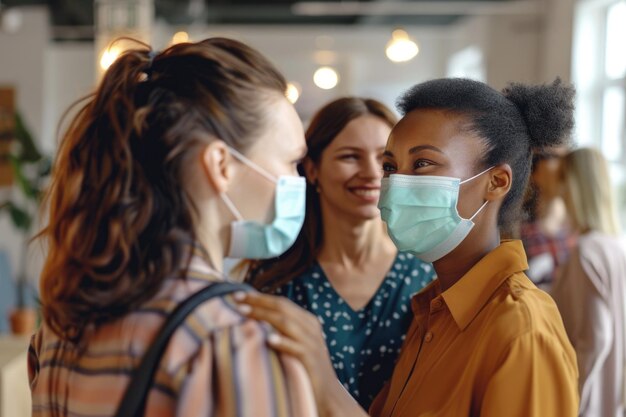 Photo diverse female colleagues greet with elbow bump in office