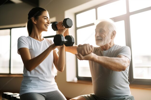 Photo diverse female physiotherapist helping senior male patient exercise with dumbbells