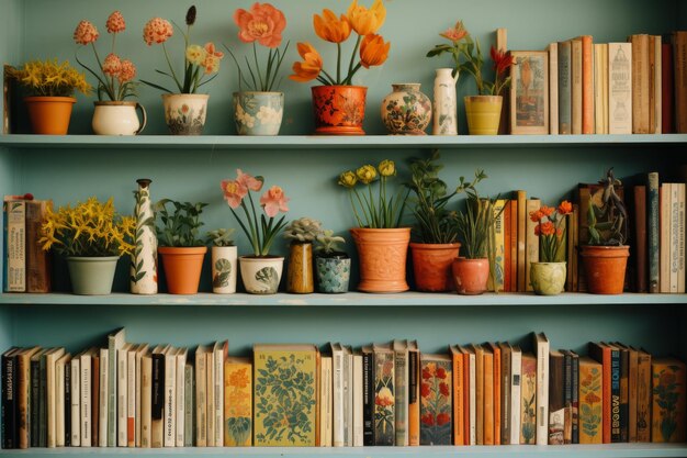 Foto diversi fiori sullo scaffale dei libri