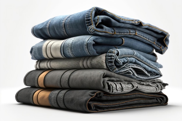 Diverse folded jeans lying in stack on white background AI generation