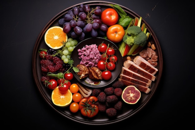 Diverse food platter with meats fruits veggies and nuts