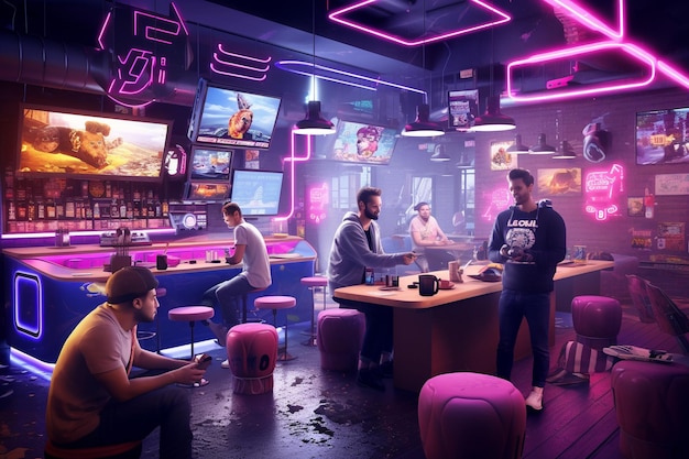 Photo diverse gamers immersed in a vibrant virtual world