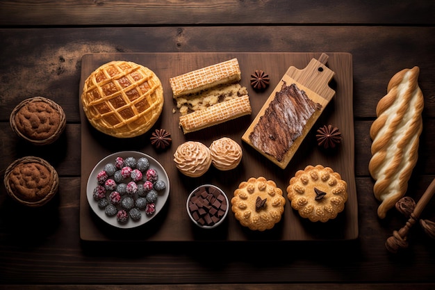 Diverse gebakjes tegen een houten achtergrond