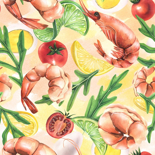 Diverse gekookte garnalen met rucola citroen limoen cherrytomaatjes eieren Aquarel illustratie Naadloos patroon op een witte achtergrond uit de Shrimp-collectie Voor het ontwerp en ontwerp