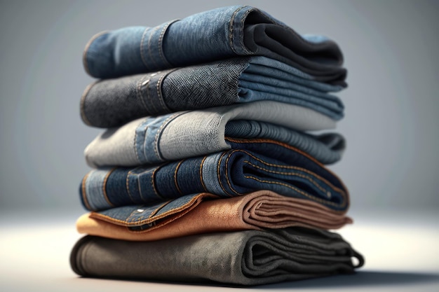 Diverse gevouwen jeans liggend in stapel op witte achtergrond AI-generatie