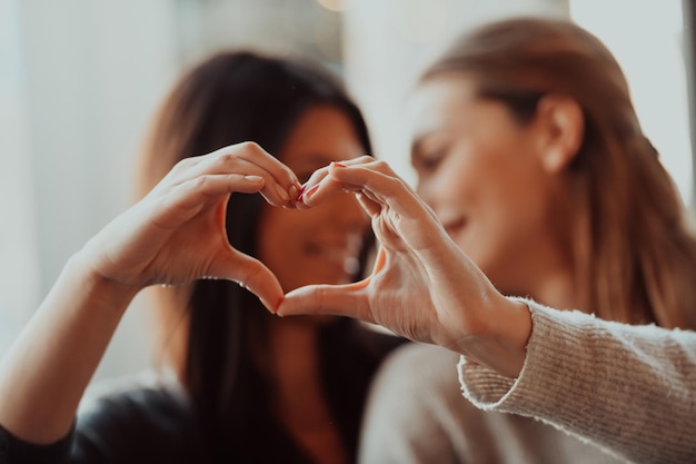 Diverse girls lesbian couple hugging looking at camera and showing heart symbol of love, close up portrait. Stylish cool generation z women dating in love enjoy romantic relationships. Lgbtq concept.