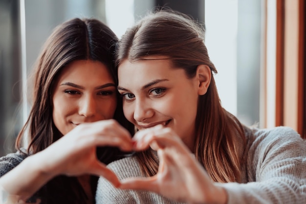 Diverse girls lesbian couple hugging looking at camera and\
showing heart symbol of love, close up portrait. stylish cool\
generation z women dating in love enjoy romantic relationships.\
lgbtq concept.