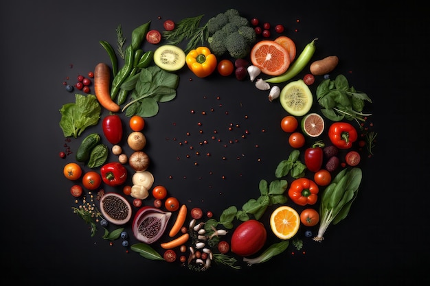 Diverse groenten en fruit in een cirkel